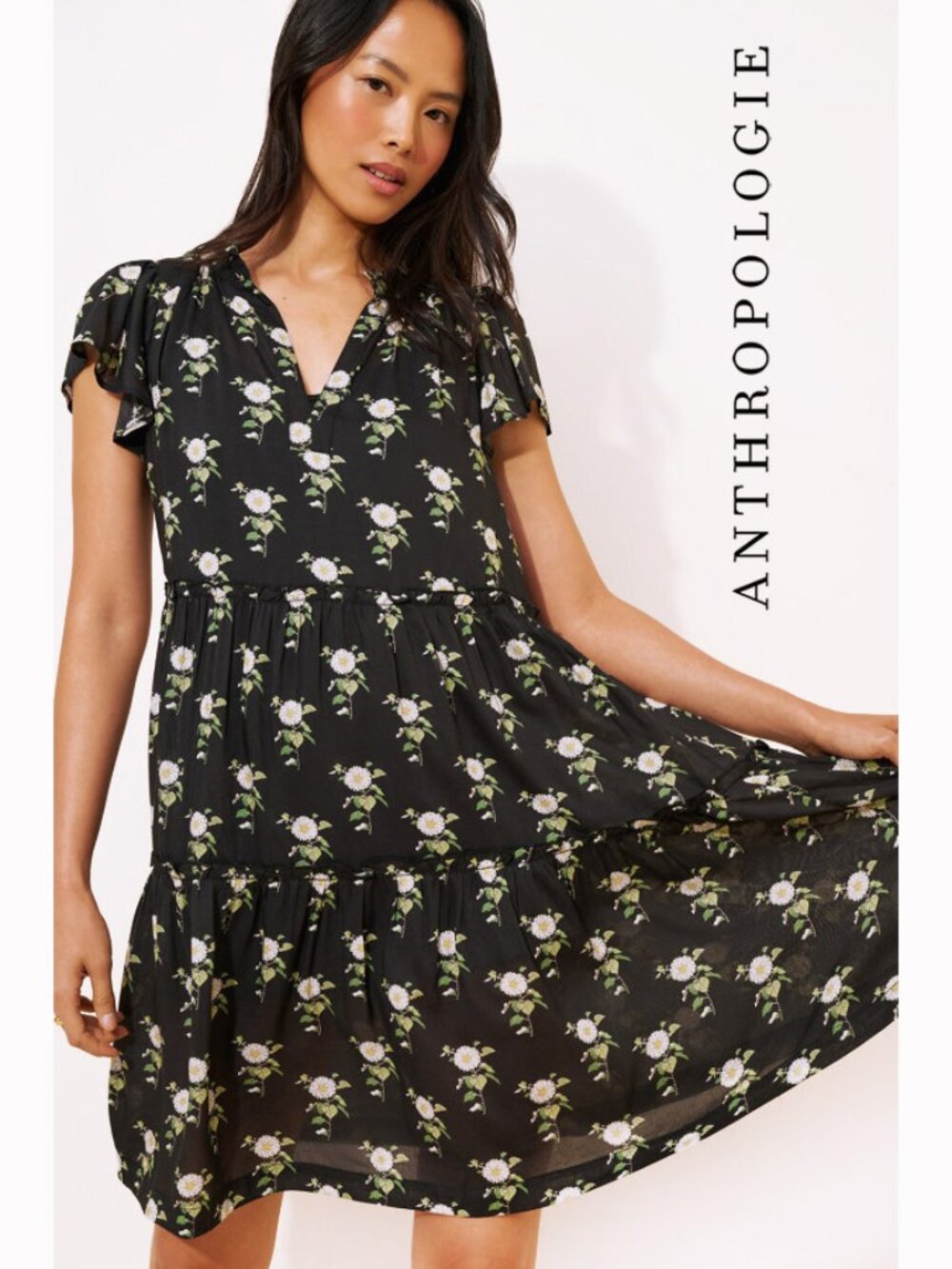 Anthropologie Rayon Ruffle-Sleeve V-Neck Mini Dress